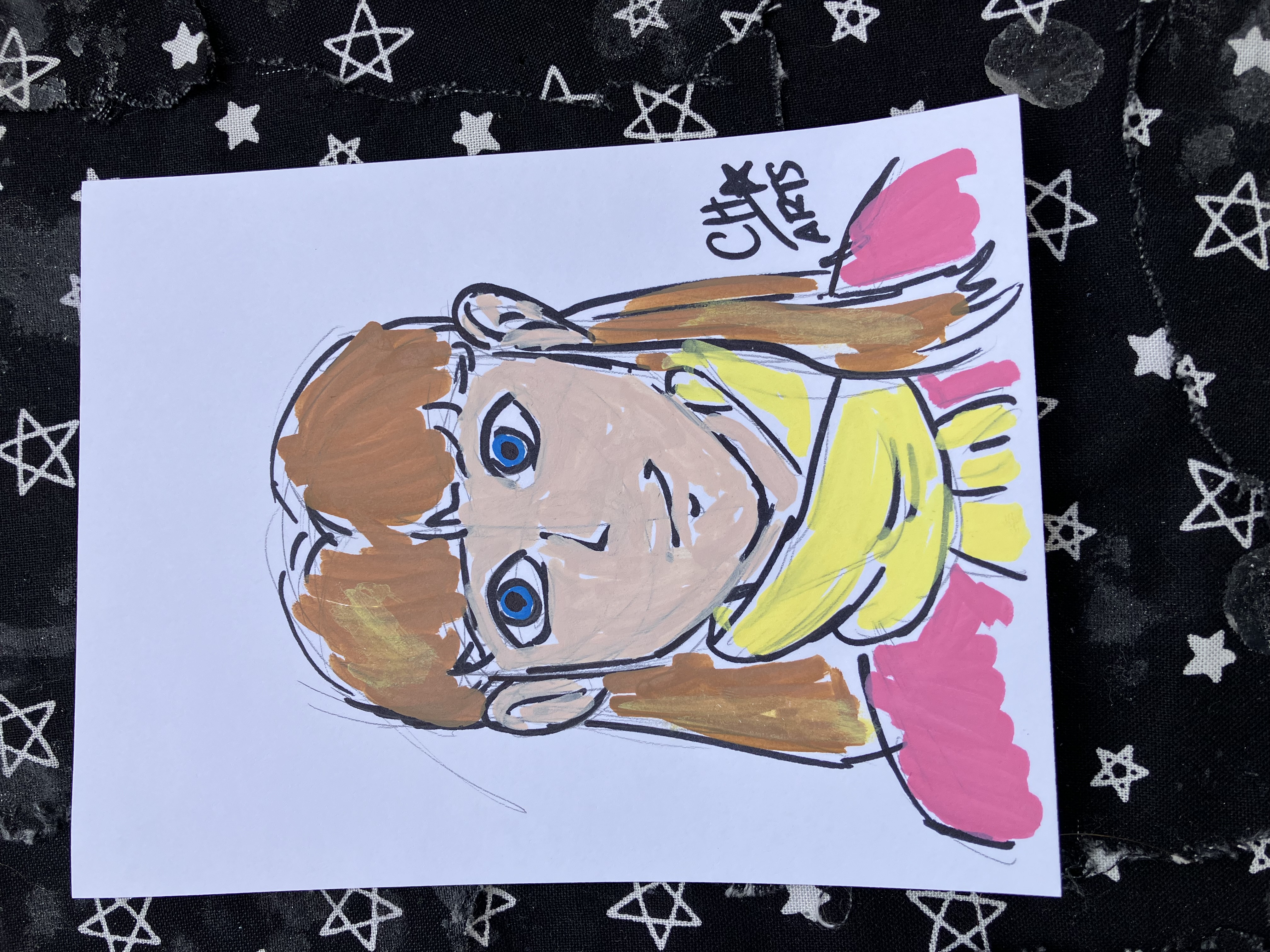Colored headshot sketch of Gundam Wing Relena in her pink dress with a yellow scarf.